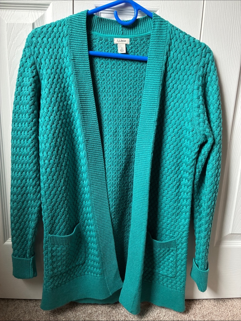 L.L. Bean Teal Open-Front Cable Cardigan